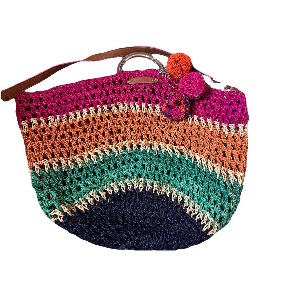 TRINA TURK Large Colorful, Macramé Jute Straw-Like Handbag,‎ Leather Metal Pom